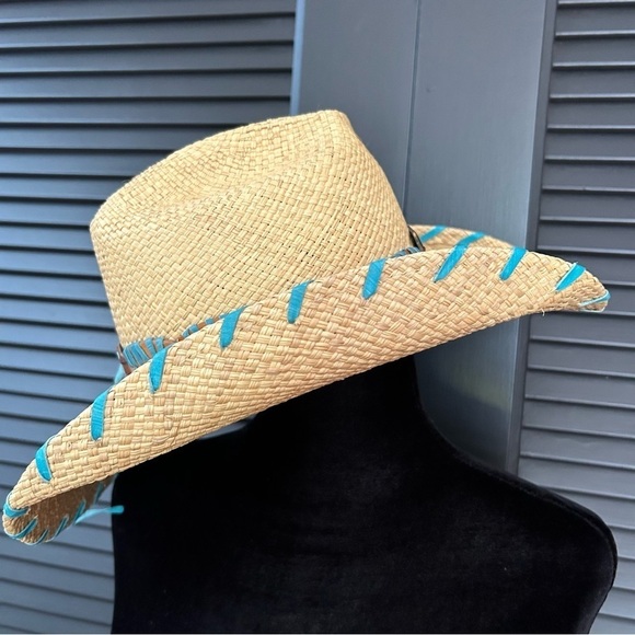 Bullhide Woven Straw Cowboy Hat With Turquoise Details, Size Small - Picture 7 of 16